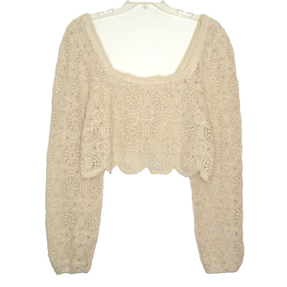 Nude Beige Crochet Square Neck Scalloped Hem Crop Top Back Zip